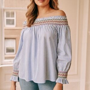 Romeo & Juliet Couture Blue White Off Shoulder Top
